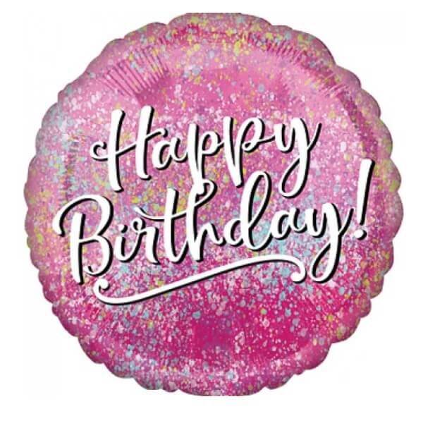 Happy Birthday Pink Holographic Round Shaped Balloon